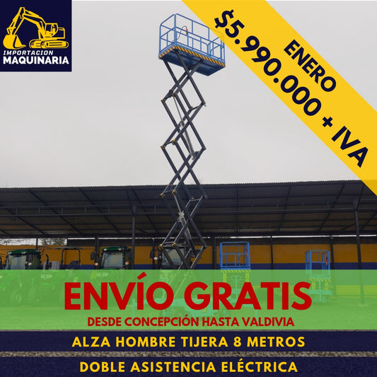 Alza Hombre Tijera 8 Metros Doble Asistencia Eléctrica Batería Libre Mantención